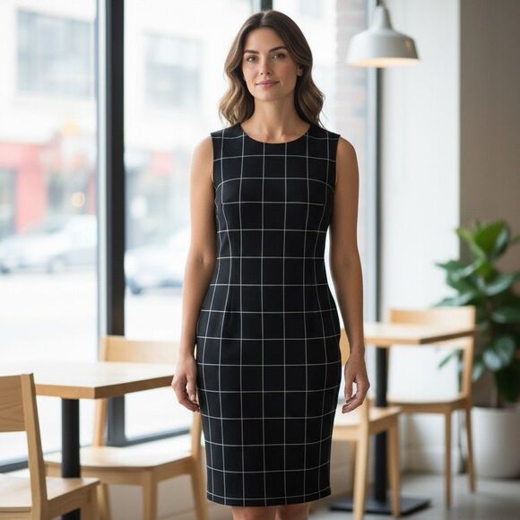 LAUREN Ralph Lauren Leather Trim Windowpane Plaid Shift Dress Black Size 16 - Picture 1 of 9